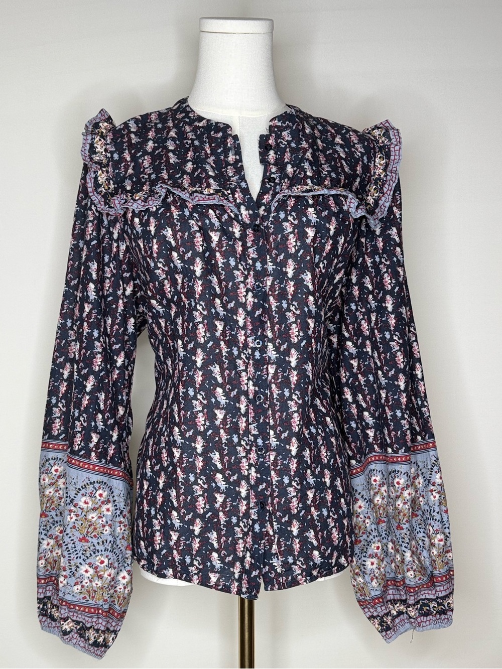 Joie Bohemian Peasant Ruffle Floral 100% Cotton Top XL